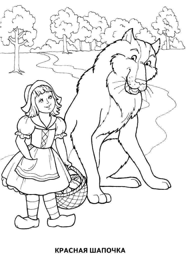 Coloring Little red riding hood and the wolf. Category Fairy tales. Tags:  tale, little Red riding hood, wolf.