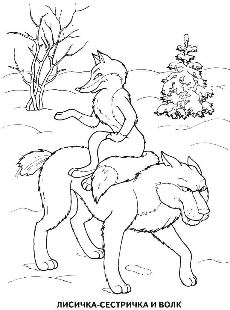 Coloring Fox sister and the wolf. Category Fairy tales. Tags:  tale the Fox sister, a wolf.
