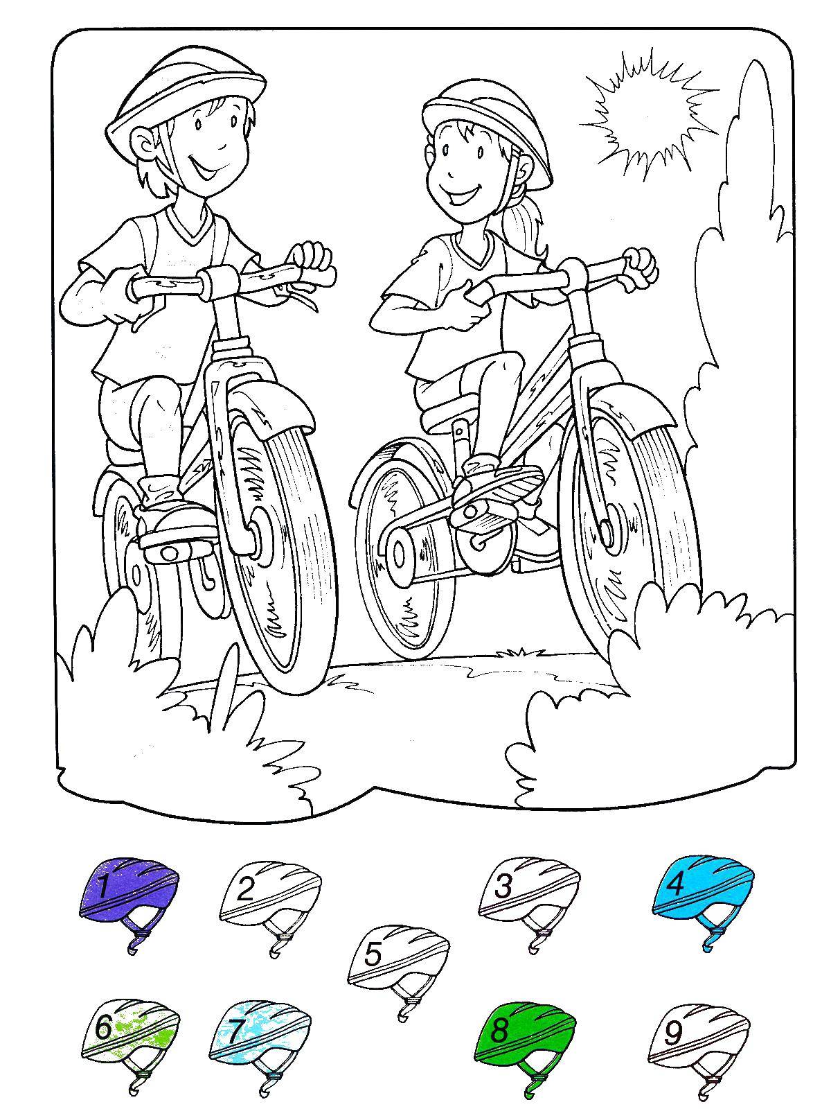Название: Раскраска Дети катаются на велосипеде. Категория: Люди. Теги: велосипед, дети.
