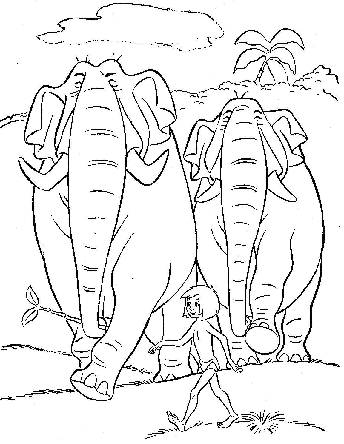 Название: Раскраска Маугли и слоны. Категория: Маугли. Теги: мультфильмы, Маугли, слоны.