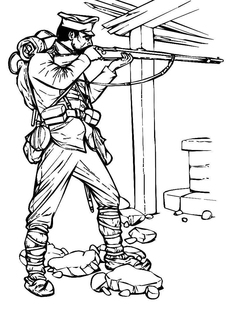 Coloring Soldier with a gun. Category coloring. Tags:  war, soldier, gun.