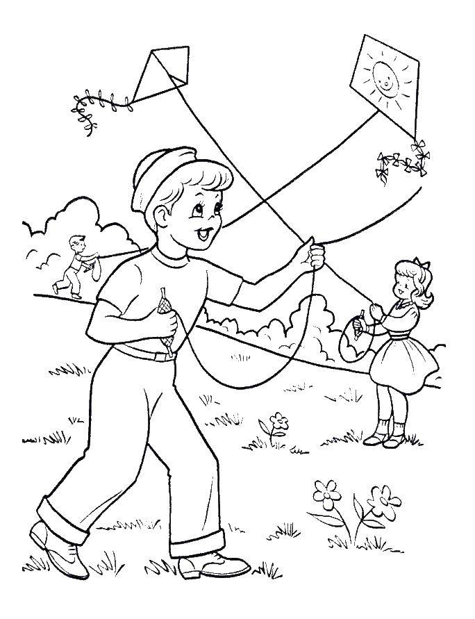 Coloring Children fly kites. Category People. Tags:  children, snakes.