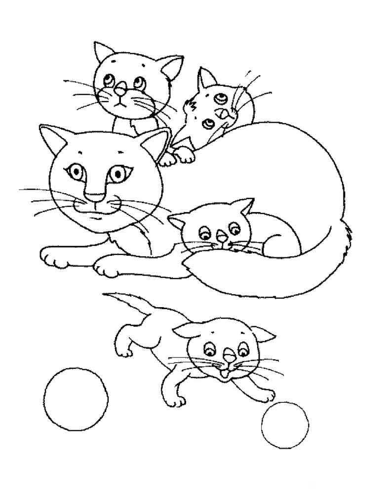 Название: Раскраска Кошка с тремя игривыми котятами. Категория: домашние животные. Теги: кошка, котята, клубок.