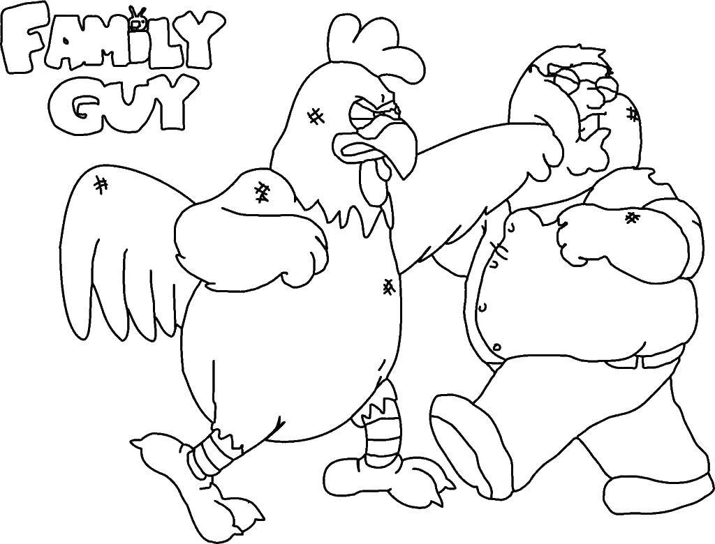 Название: Раскраска Питер дерется с курицей. Категория: Персонаж из мультфильма. Теги: Гриффины, мультфильм.