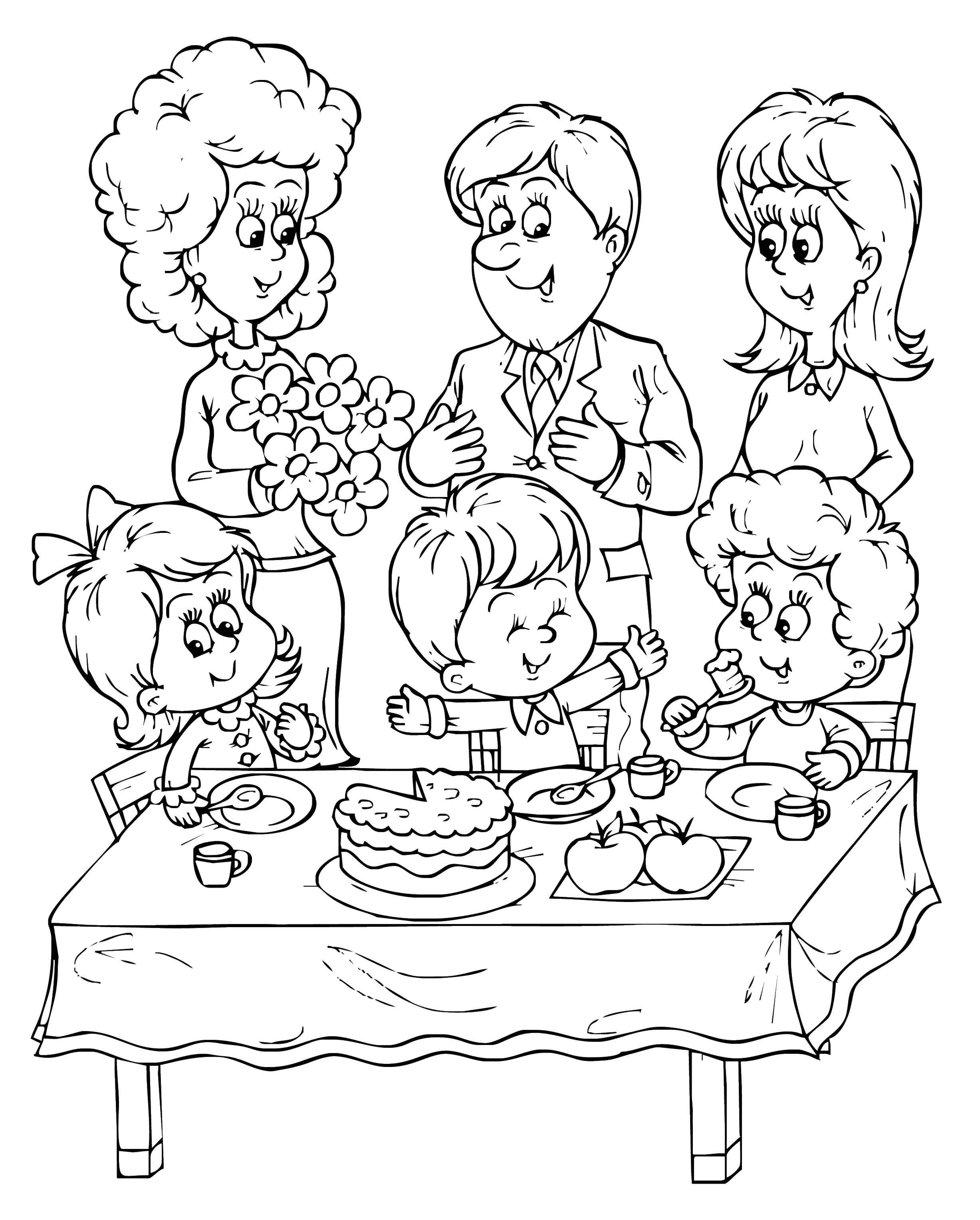 Название: Раскраска Семейный ужин. Категория: Члены семьи. Теги: Семья, родители, дети.
