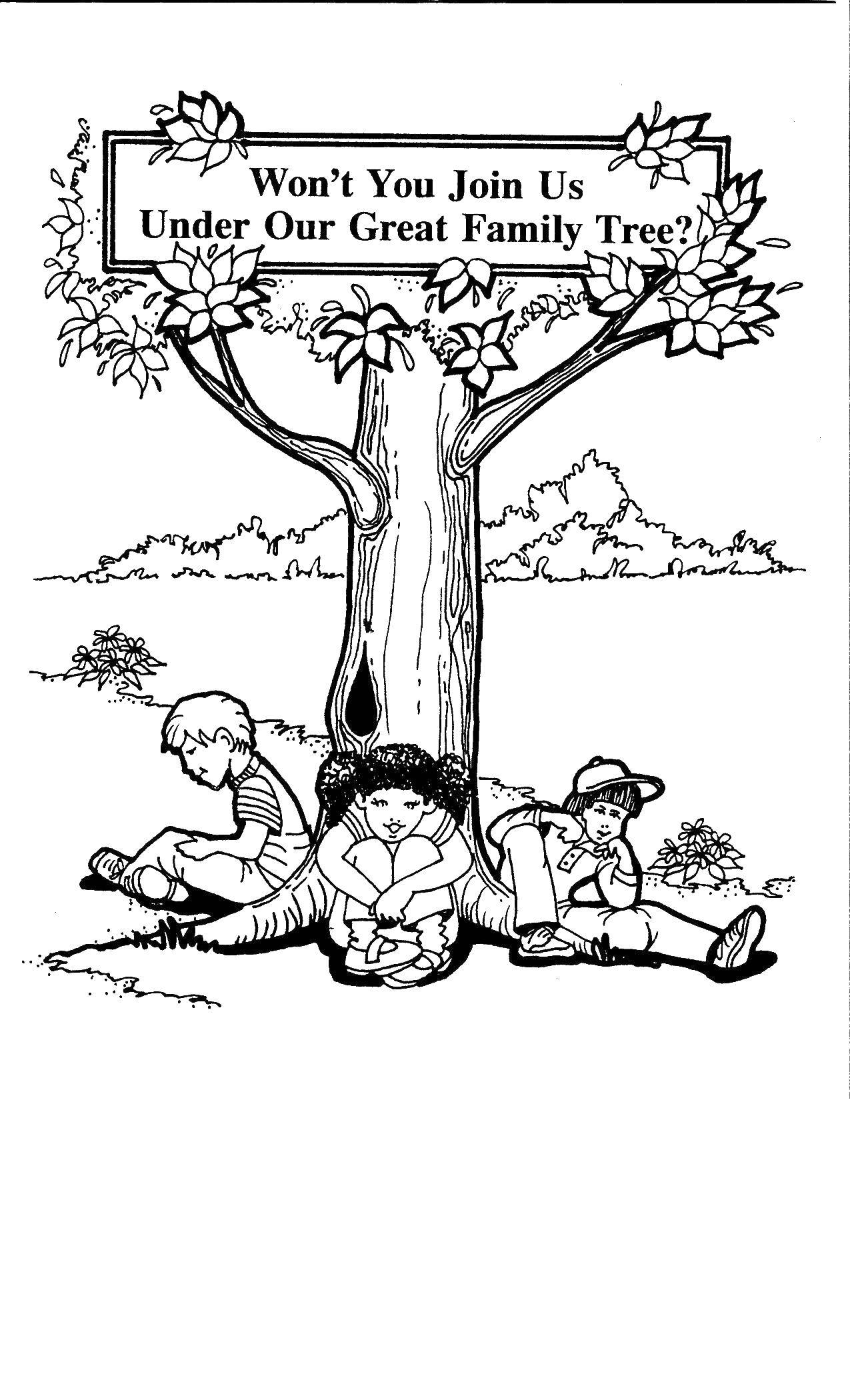 Название: Раскраска Дети сидят под деревом. Категория: дерево. Теги: дерево, дети.
