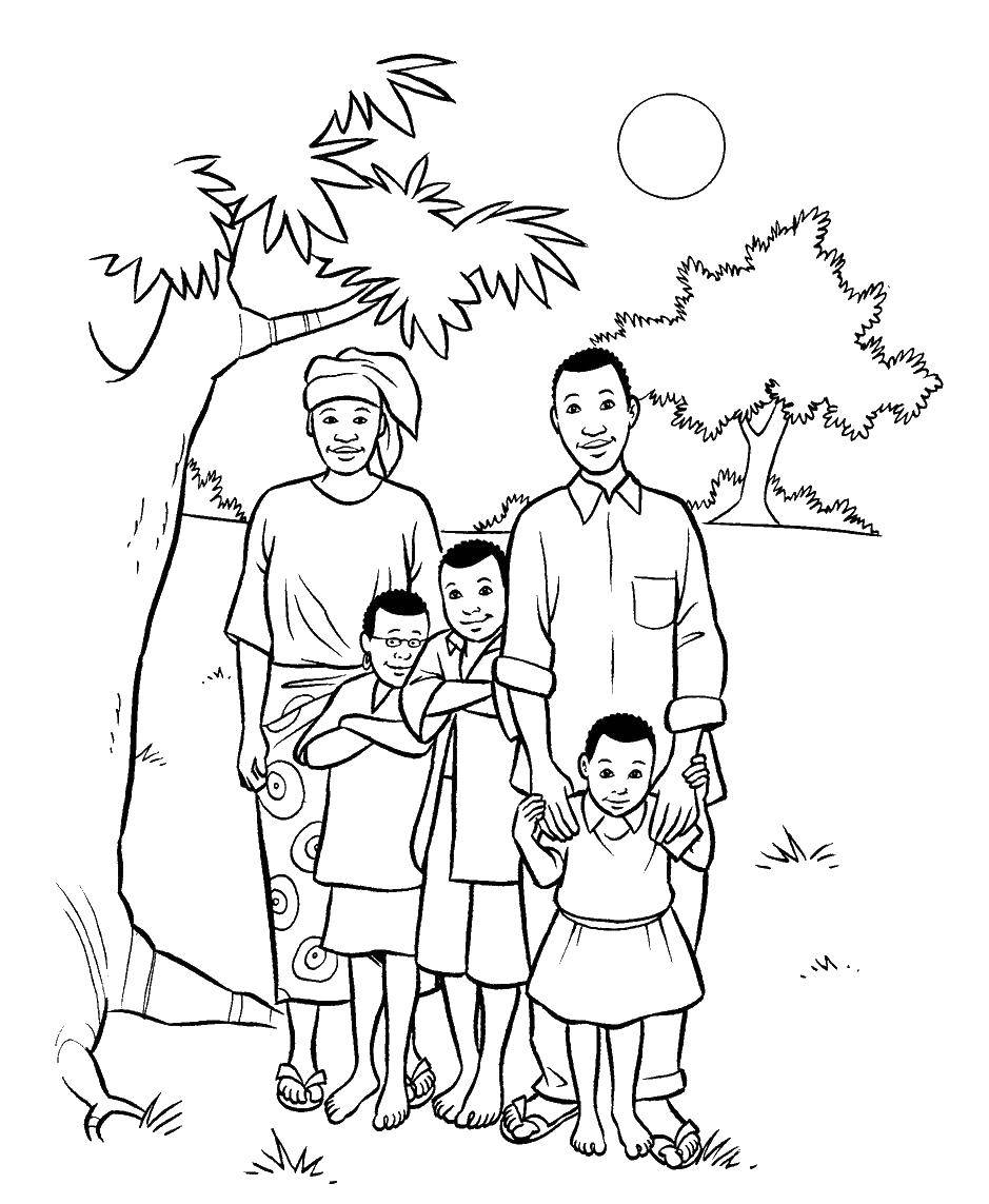 Название: Раскраска Африканская счастливая семья. Категория: Семья. Теги: Семья, родители, дети.