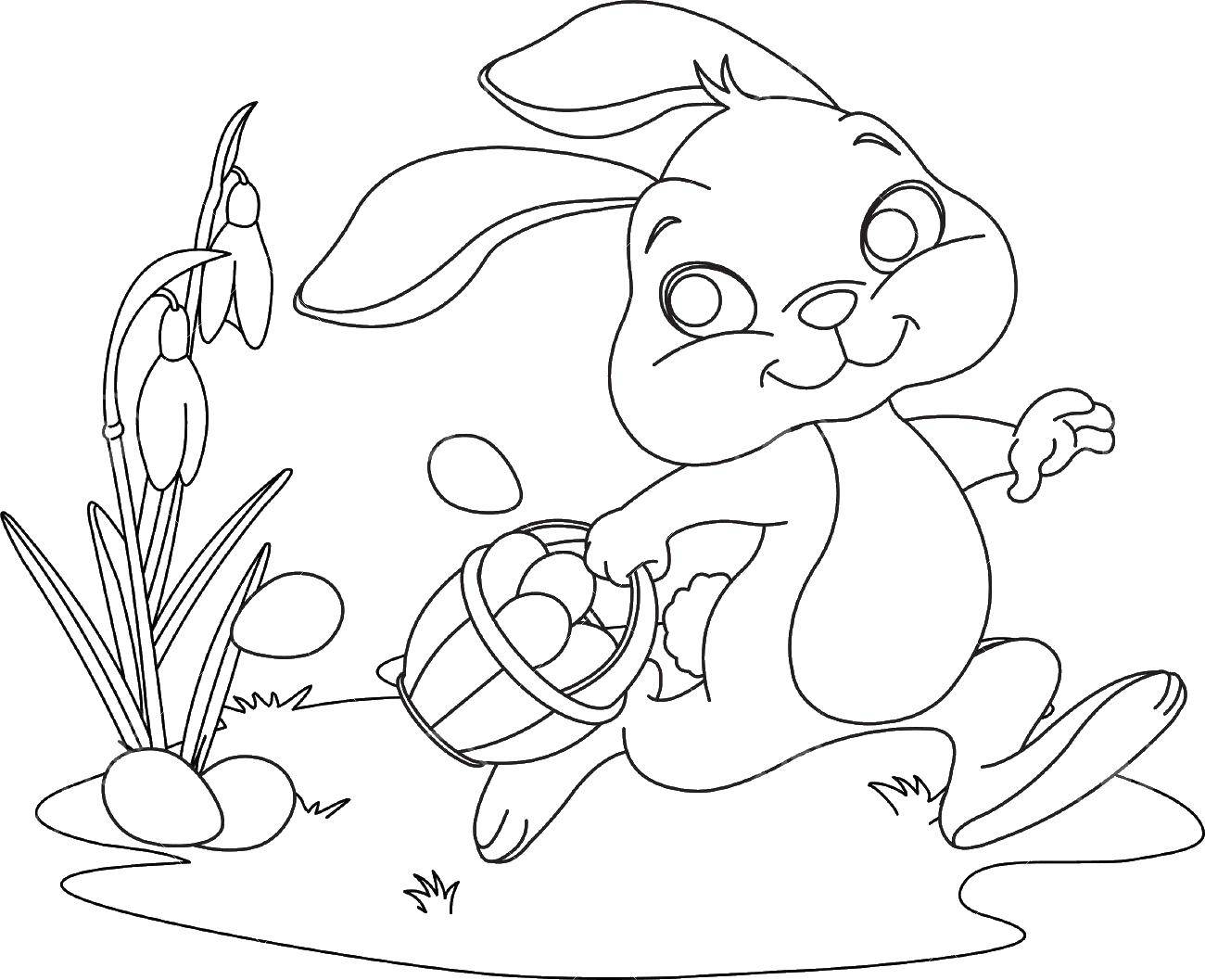 Название: Раскраска Кролик бежит с корзиной яиц по весенней лужайке с подснежниками. Категория: кролик. Теги: подснежник, корзина, яйца, кролик.