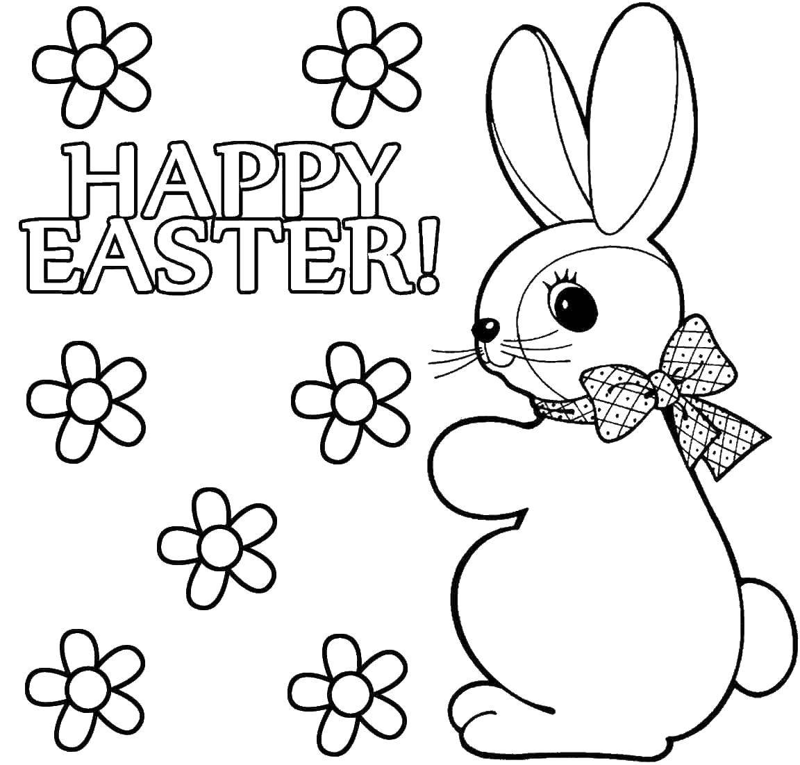 Coloring Rabbit with a bow and flowers. Category the rabbit. Tags:  flowers, rabbit, bowknot.