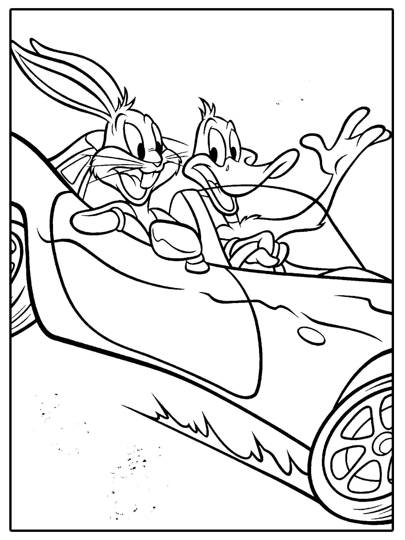 Coloring Bugs Bunny and daffy duck ride car. Category cartoons. Tags:  bugs Bunny, daffy duck.