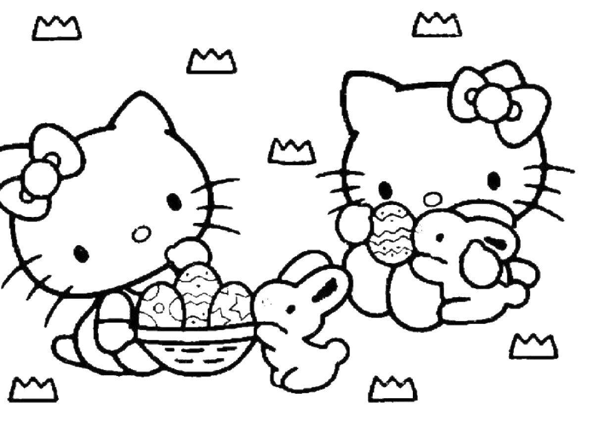 Название: Раскраска Китти и мими с пасхальными кроликами и яйцами. Категория: Хэллоу Китти. Теги: Китти, пасха.