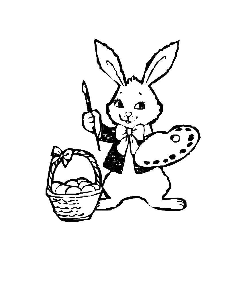 Название: Раскраска Кролик с красками и корзиной яйц. Категория: раскраски пасха. Теги: пасха, яйца, кролик.