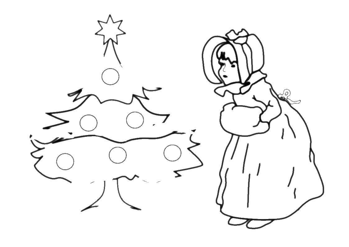Coloring The girl at the Christmas tree. Category Christmas. Tags:  Christmas, Christmas toy, Christmas tree, gifts.
