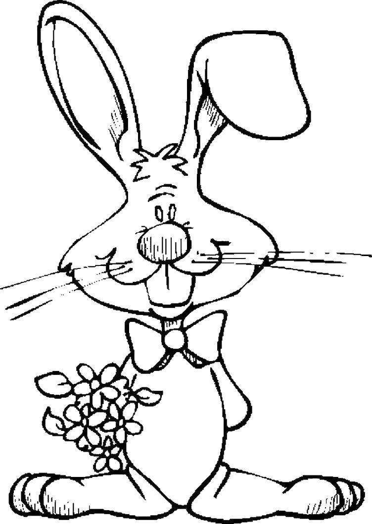 Название: Раскраска Кролик с цветами. Категория: кролик. Теги: Животные, зайчик.