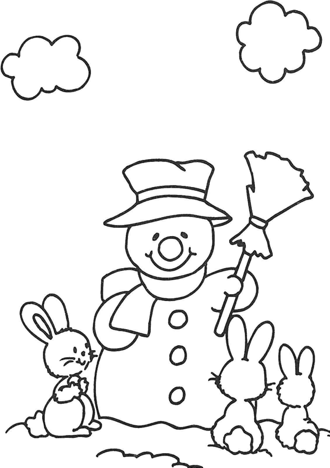 Название: Раскраска Снеговичок с зайчатами. Категория: Животные. Теги: Животные, зайчик.