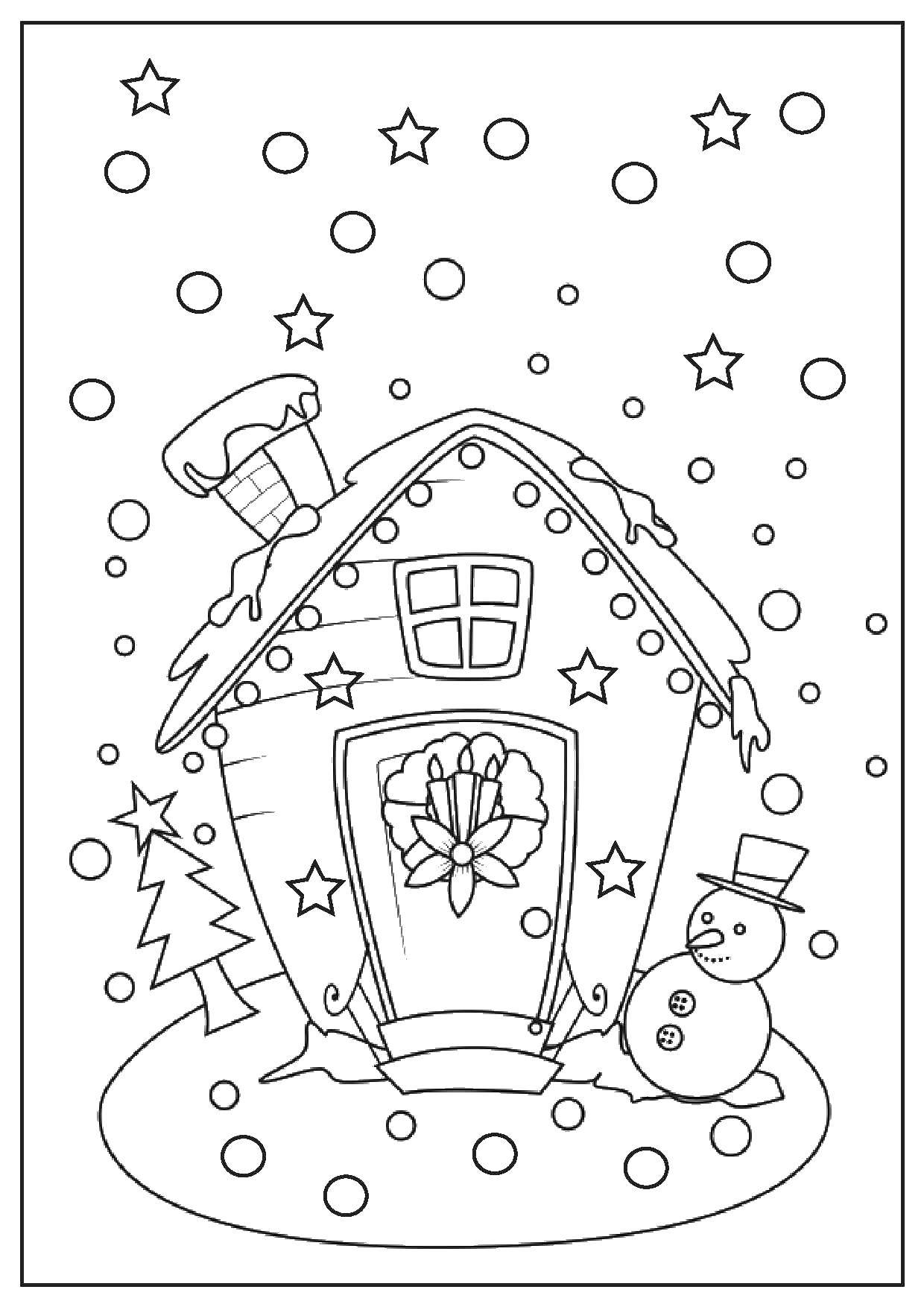 Название: Раскраска Зимний домик. Категория: зима. Теги: Зима, дом, снег.