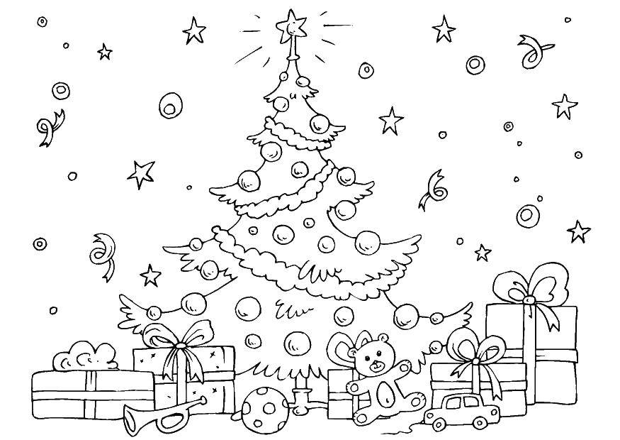 Название: Раскраска Рождественская ёлочка. Категория: рождество. Теги: Рождество, ёлочная игрушка, ёлка, подарки.