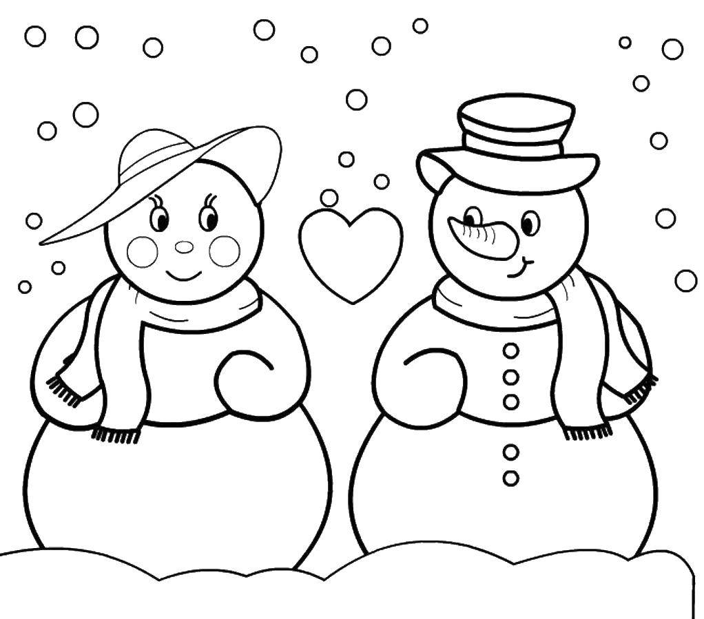 Название: Раскраска Влюбленные снеговички. Категория: снеговик. Теги: Снеговик, снег, зима, любовь.