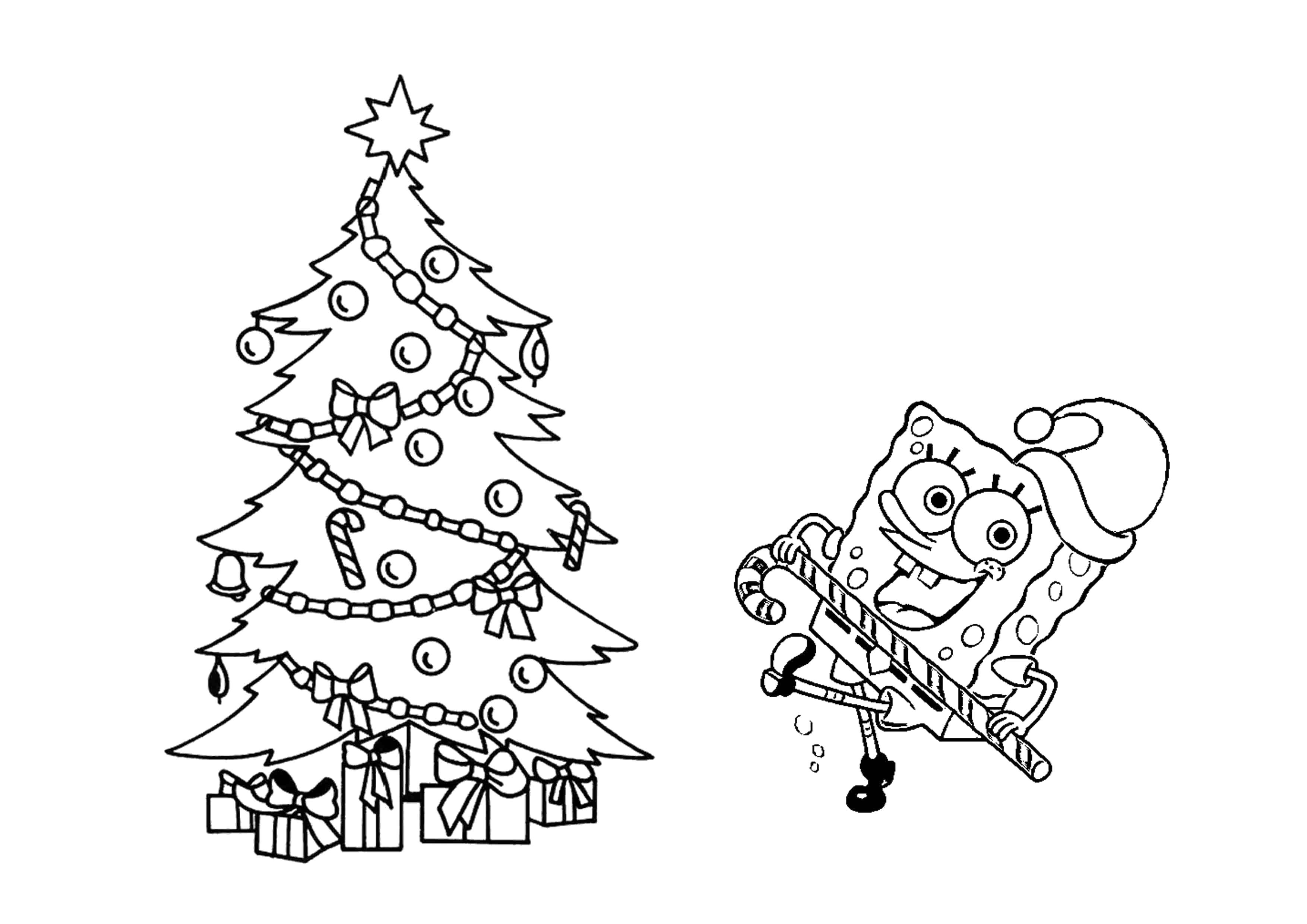 Название: Раскраска Губка боб на рождество. Категория: рождество. Теги: Персонаж из мультфильма, Спанч Боб, Губка Боб.