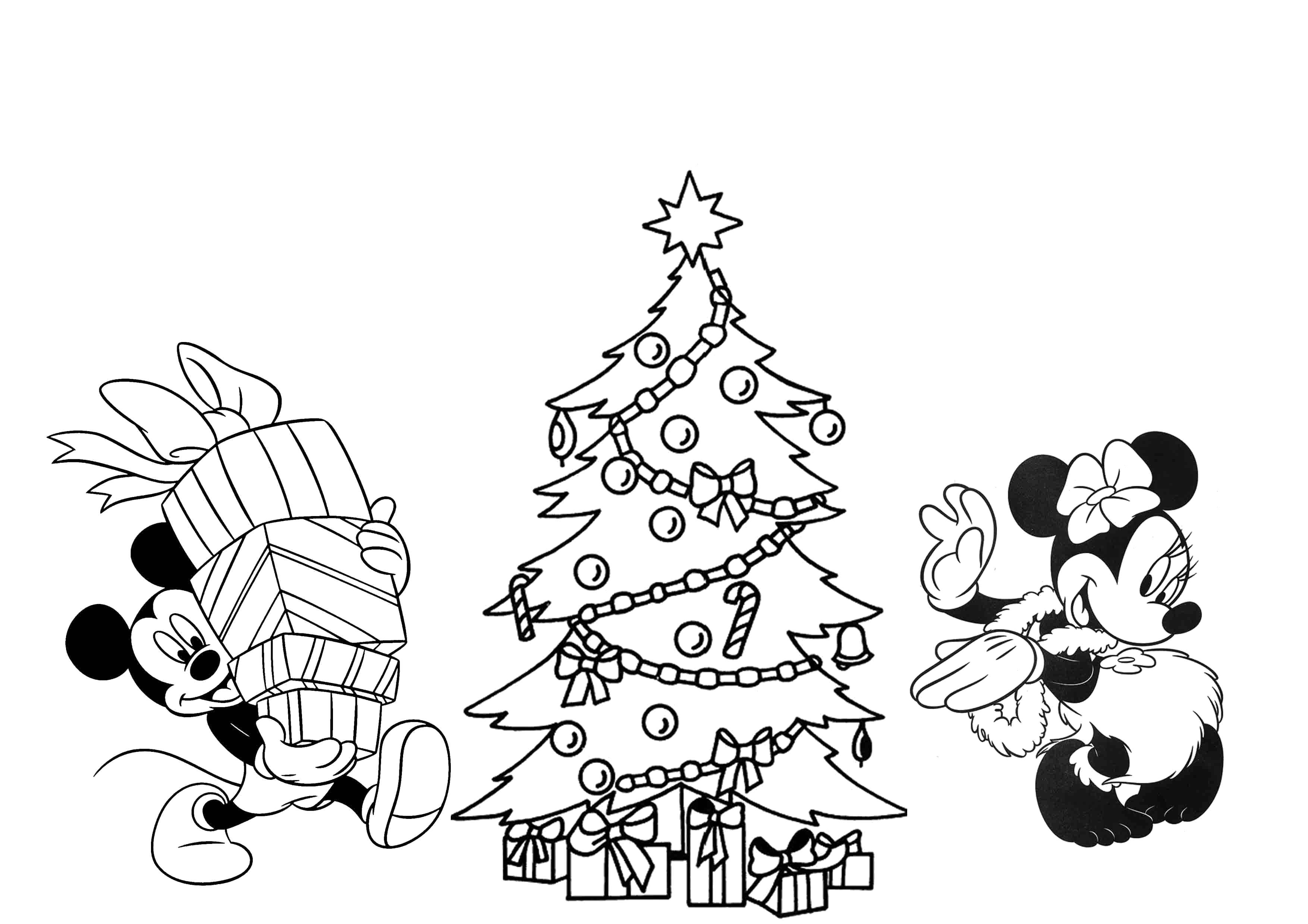 Coloring Mickey and Minnie mouse. Category Christmas. Tags:  Christmas, Christmas toy, Christmas tree, gifts.
