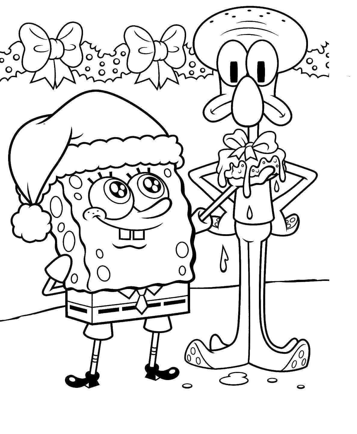 Coloring Spongebob and squidward. Category Christmas. Tags:  Christmas, gifts.