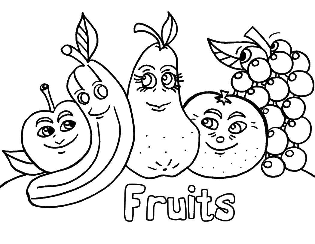 Раскраска Фрукты с глазами Скачать ,банан, груша, яблоко, апельсин, виноград,.  Распечатать 