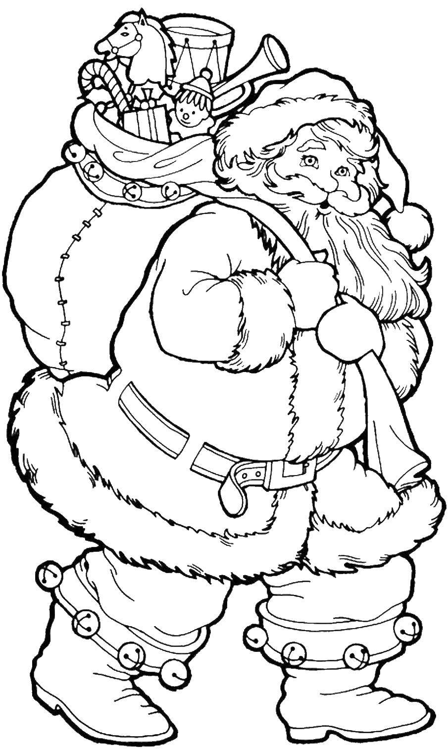 Название: Раскраска Дед морозоз с подарками. Категория: рождество. Теги: дед мороз, мешок, игрушки.