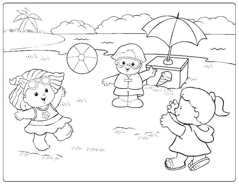 Название: Раскраска Дети на пляже. Категория: Летние развлечения. Теги: мальчик, девочка, мяч, песок.