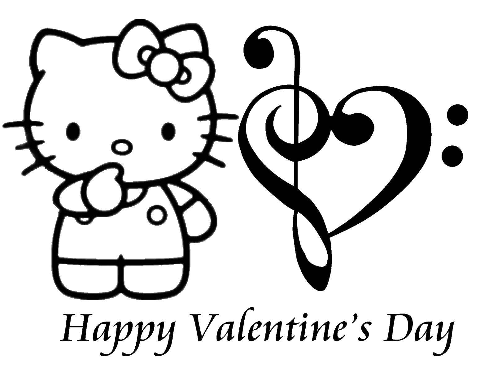Coloring Hello kitty with heart. Category Valentines day. Tags:  postcard, Hello Kitty, treble clef.