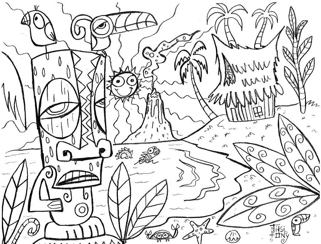 Coloring The hut on the island. Category island. Tags:  the cabin, the Pelican, the volcano.