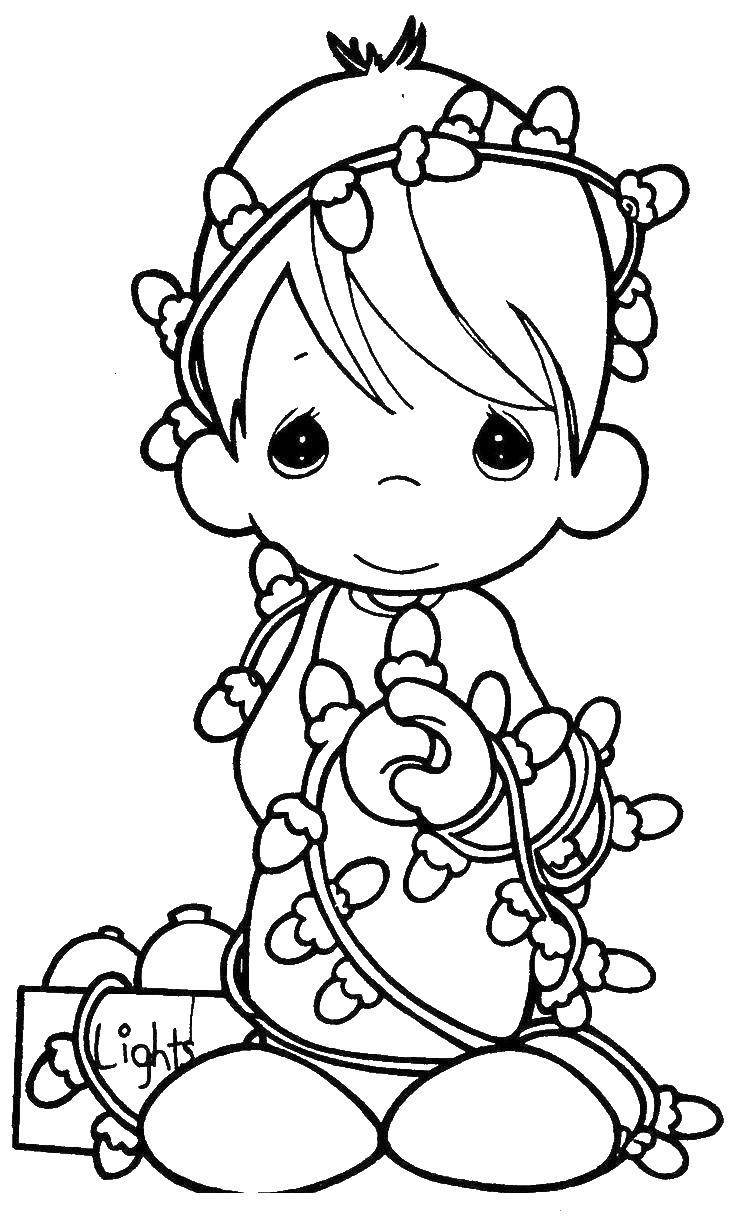Coloring The boy in garlands. Category Christmas. Tags:  child , garland, bulbs.
