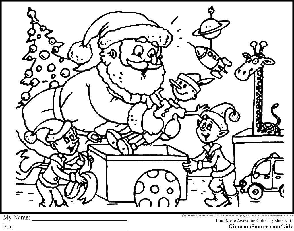 Coloring Christmas card with Santa Claus. Category Christmas. Tags:  Santa Claus, elves, toys.