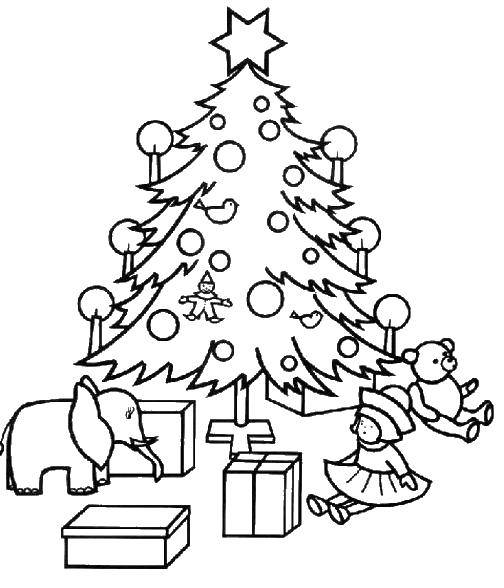 Название: Раскраска Подарки под ёлкой. Категория: рождество. Теги: елка, игрушки, слон, кукла.