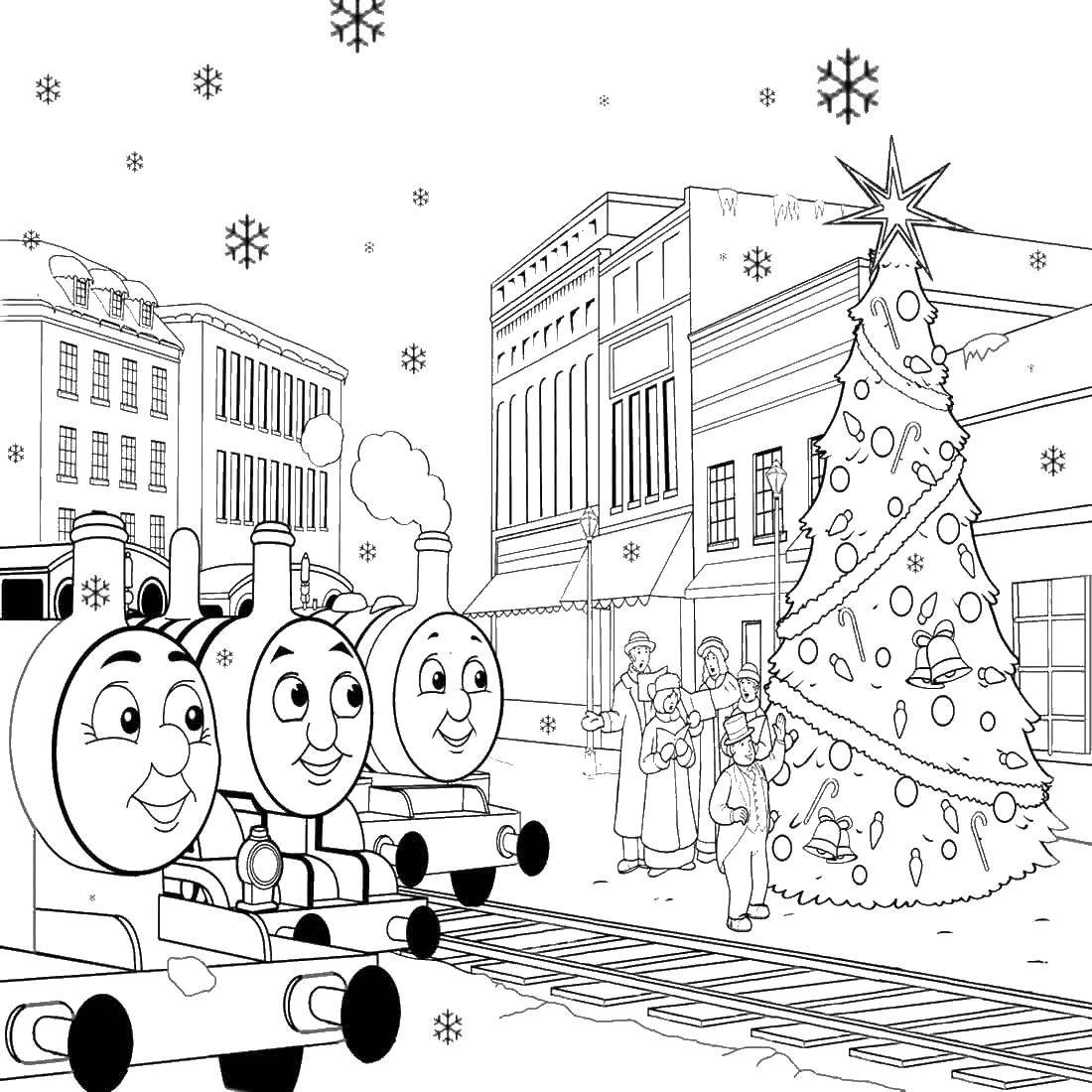 Название: Раскраска Рождество в городе. Категория: рождество. Теги: елка, паровоз, люди.