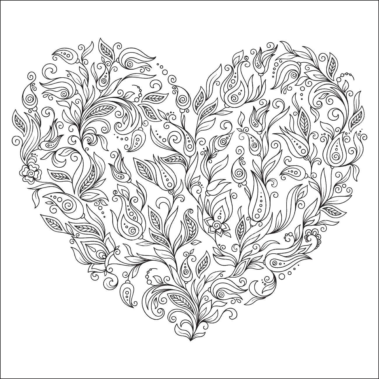 Название: Раскраска Сердце из узоров. Категория: День святого валентина. Теги: цветы, сердце, орнамент.