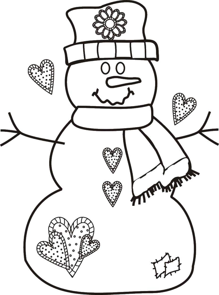 Название: Раскраска Снеговик с сердечками. Категория: рождество. Теги: снеговик, шапка, шарф. сердечки.