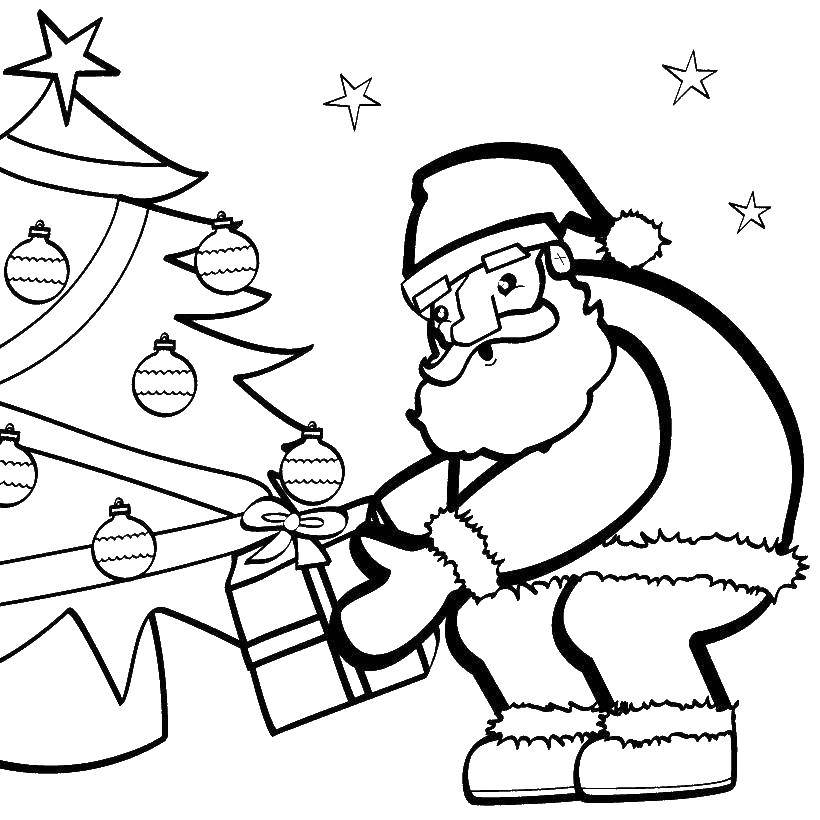 Название: Раскраска Дед мороз кладет подарки. Категория: рождество. Теги: дед мороз, елка, подарки.