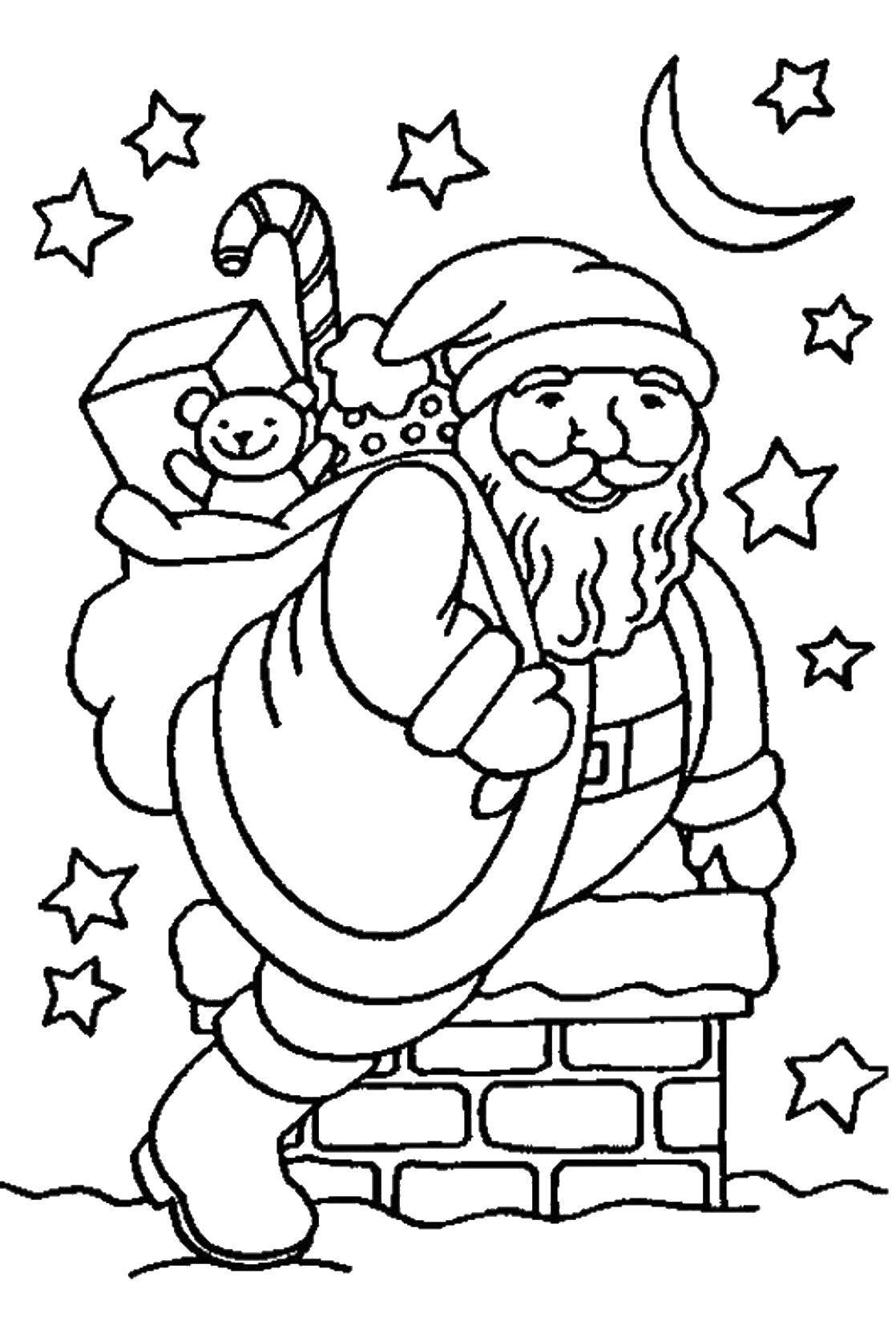 Название: Раскраска Дед мороз в трубе. Категория: рождество. Теги: дед мороз, труба, подарки, мешок.