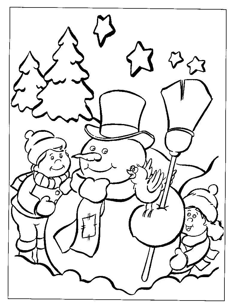 Название: Раскраска Дети и снеговик. Категория: раскраски для маленьких. Теги: дети, снеговик, зима.