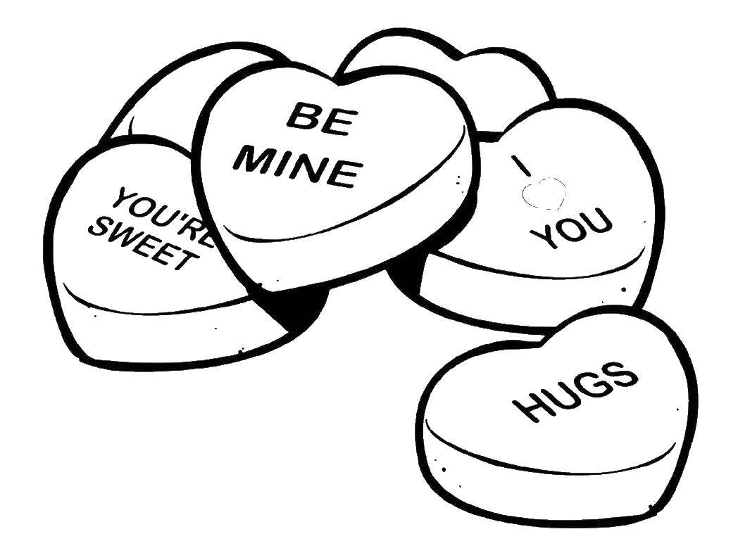 Coloring Candy hearts. Category Valentines day. Tags:  candy, hearts, Valentines Day.