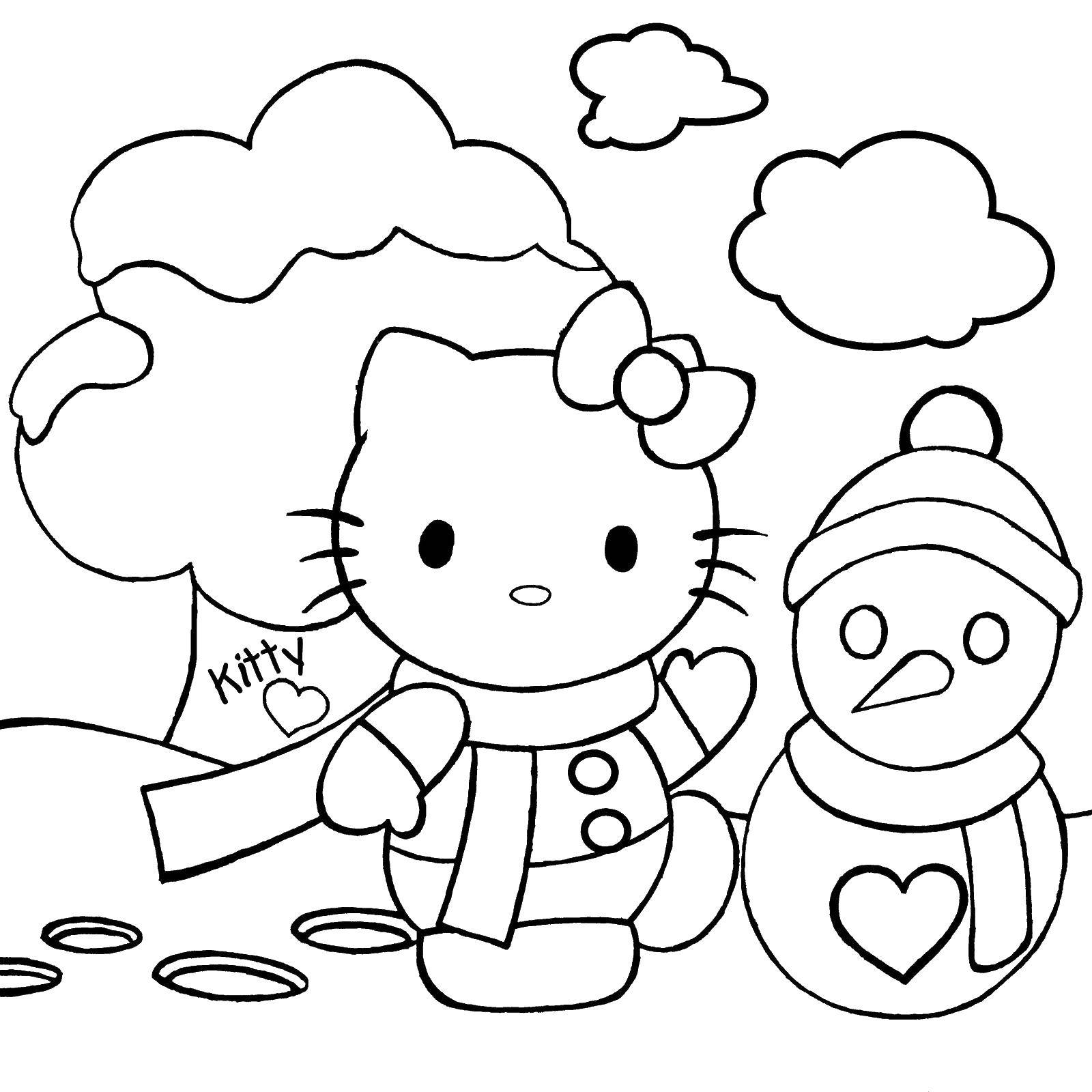 Coloring Kitty and snowman. Category coloring for little ones. Tags:  kitty, snowman.