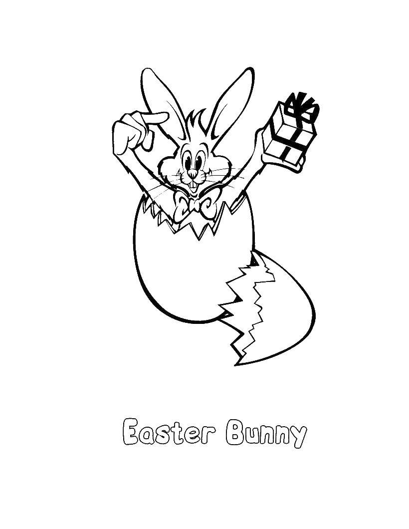 Coloring Rabbit with gift. Category the rabbit. Tags:  Easter egg, rabbit, gift.