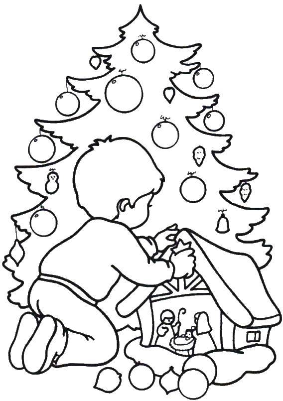 Название: Раскраска Мальчик украшает рождественскую елку. Категория: Рождество. Теги: рождество, ребенок, елка.
