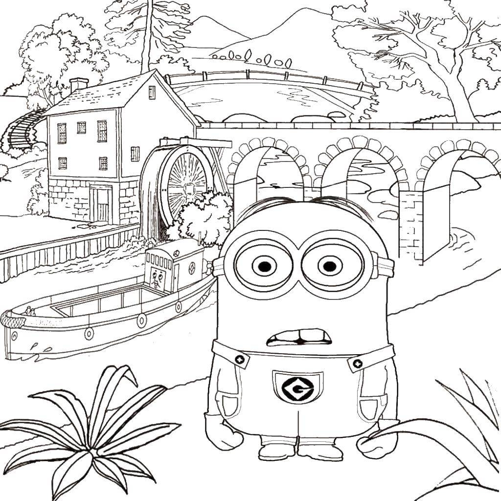 Coloring Mignon in the city. Category cartoons. Tags:  minion, bridge.