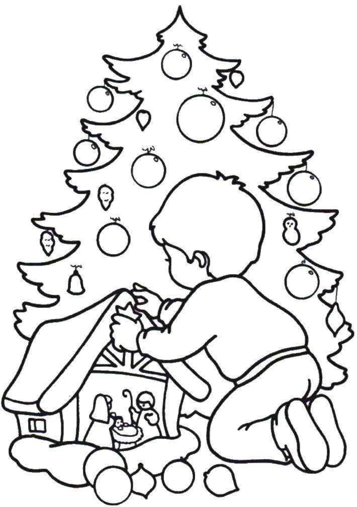 Название: Раскраска Ребенок наряжают рождественскую елку. Категория: рождество. Теги: рождество, ребенок, елка.