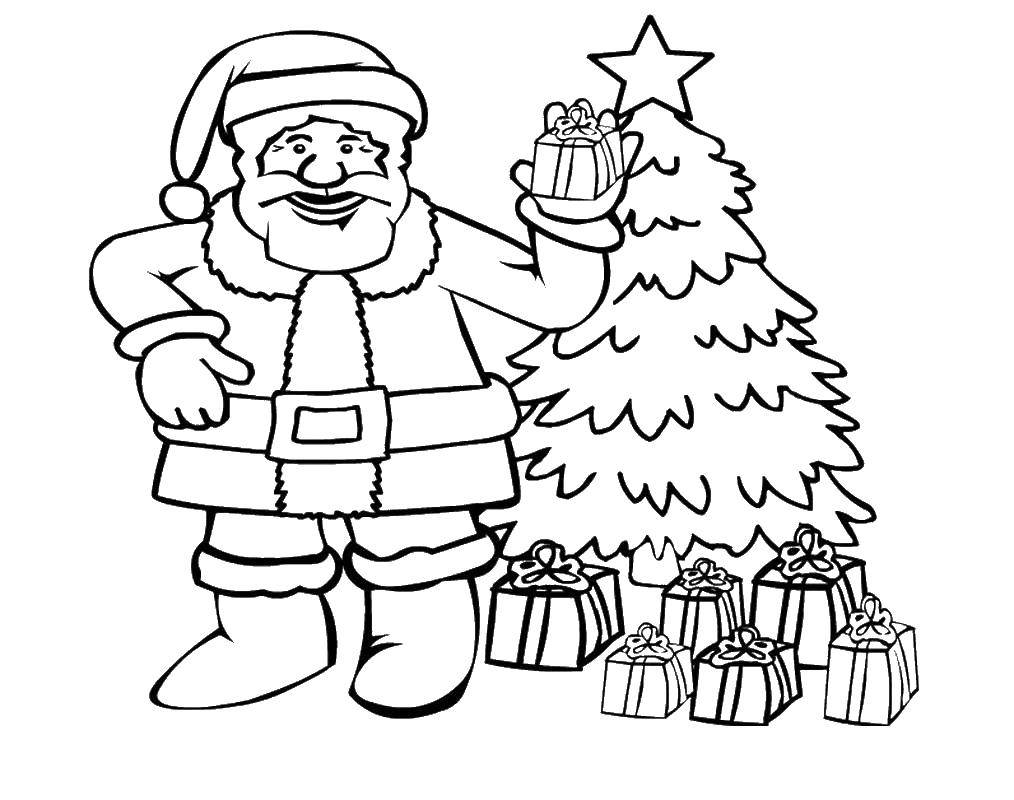 Название: Раскраска Санта клаус дарит подарки. Категория: рождество. Теги: Санта Клаус, елка.