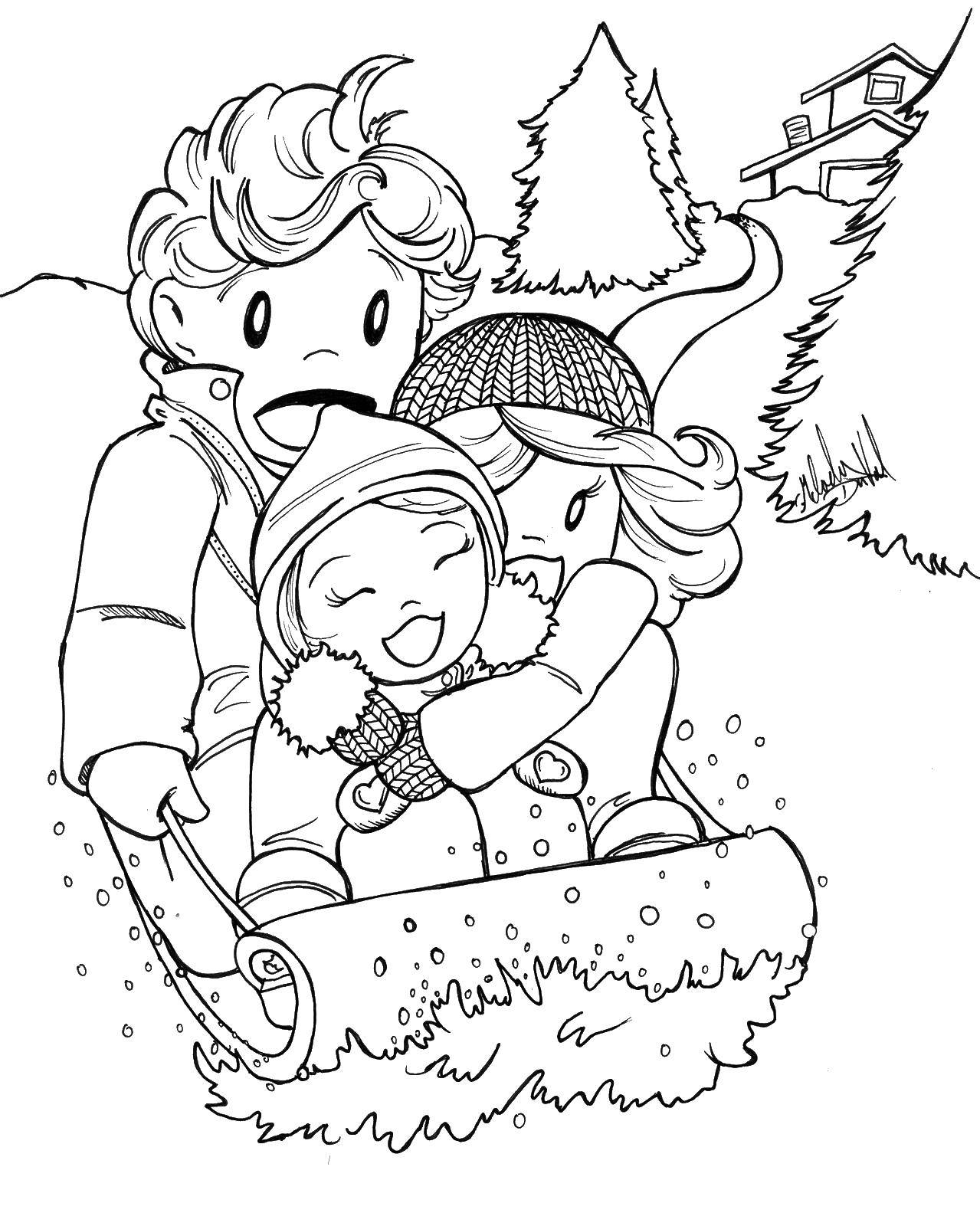 Coloring Family sledding. Category winter activities. Tags:  mom, dad, girl, sled.