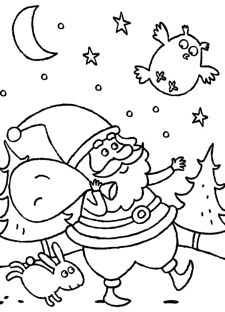 Coloring Santa Claus with bag. Category Christmas. Tags:  Santa Claus, bag, Christmas tree, animals.