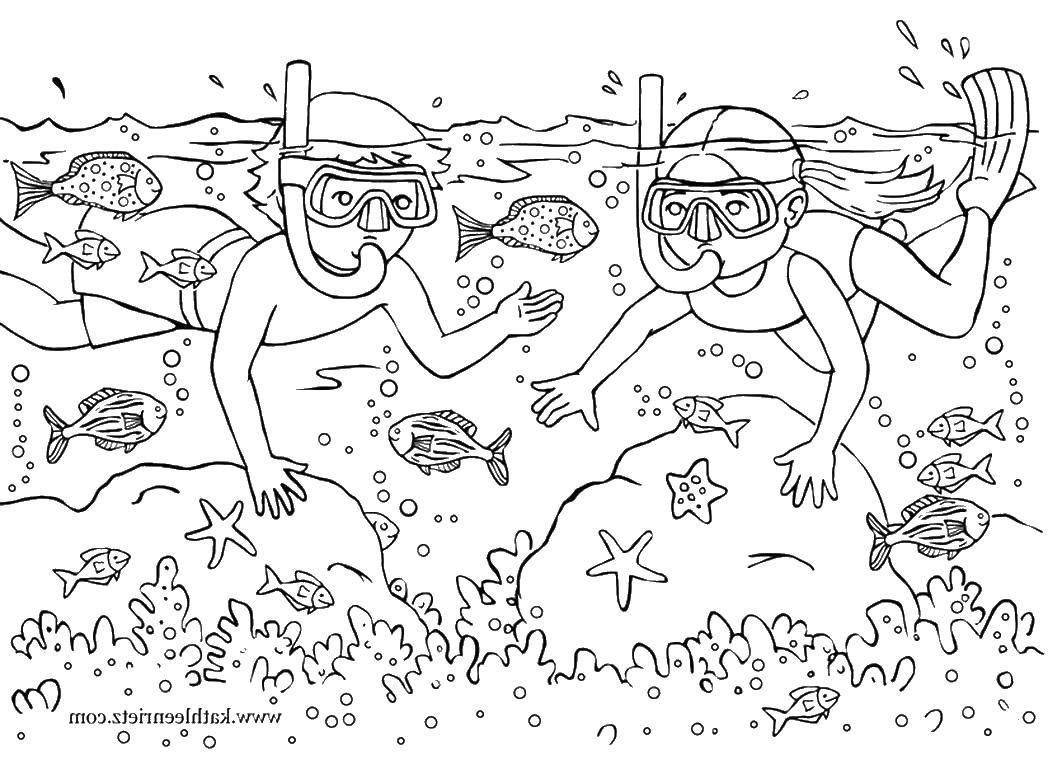 Название: Раскраска Дети под водой. Категория: Летние развлечения. Теги: мальчик, девочка, рыбы.