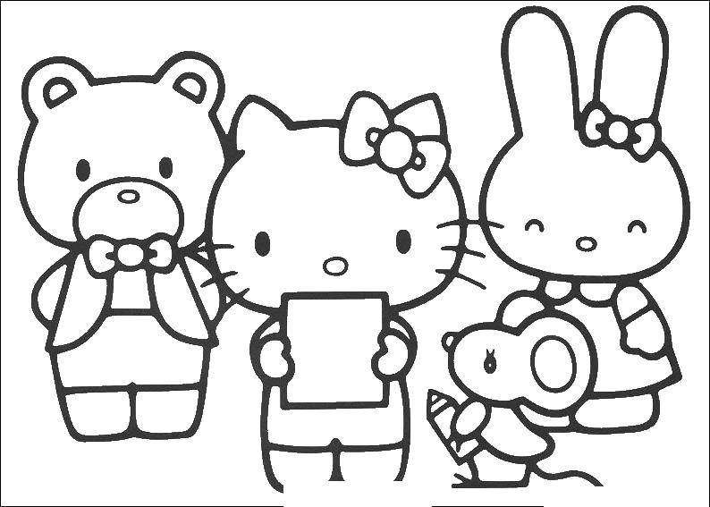Название: Раскраска Hello kitty и её друзья. Категория: мультики. Теги: Hello Kitty, мышонок, медведь, кролик.